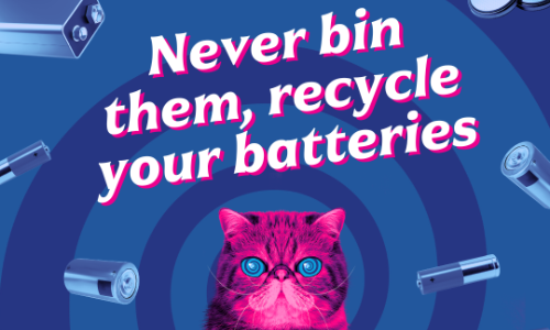 ‘HypnoCat’ (a magenta-coloured Persian cat with blue spiral eyes) centre image in front of a blue spiral background with floating blue electrical items. Text: Never bin them, recycle your batteries