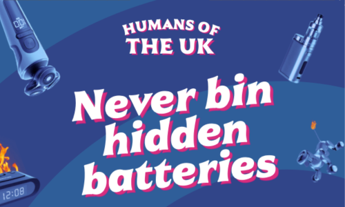 Screenshot of HypnoCat battery posters which reads "Humans of the UK. Never bin hidden batteries" in white font against a blue swirl background