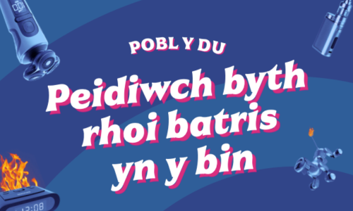 screenshot of Welsh HypnoCat battery poster that reads Peidiwch byth rhoi batris yn y bin