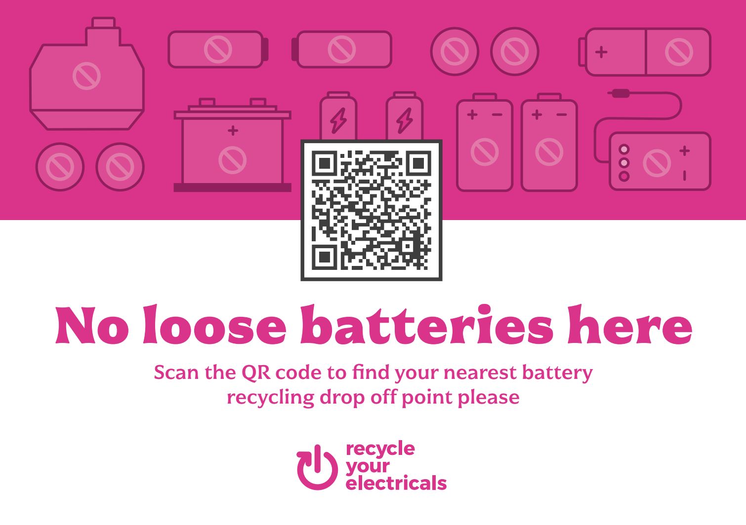 main text: 'no loose batteries here' against a pink backdrop, with faded battery icons and QR code