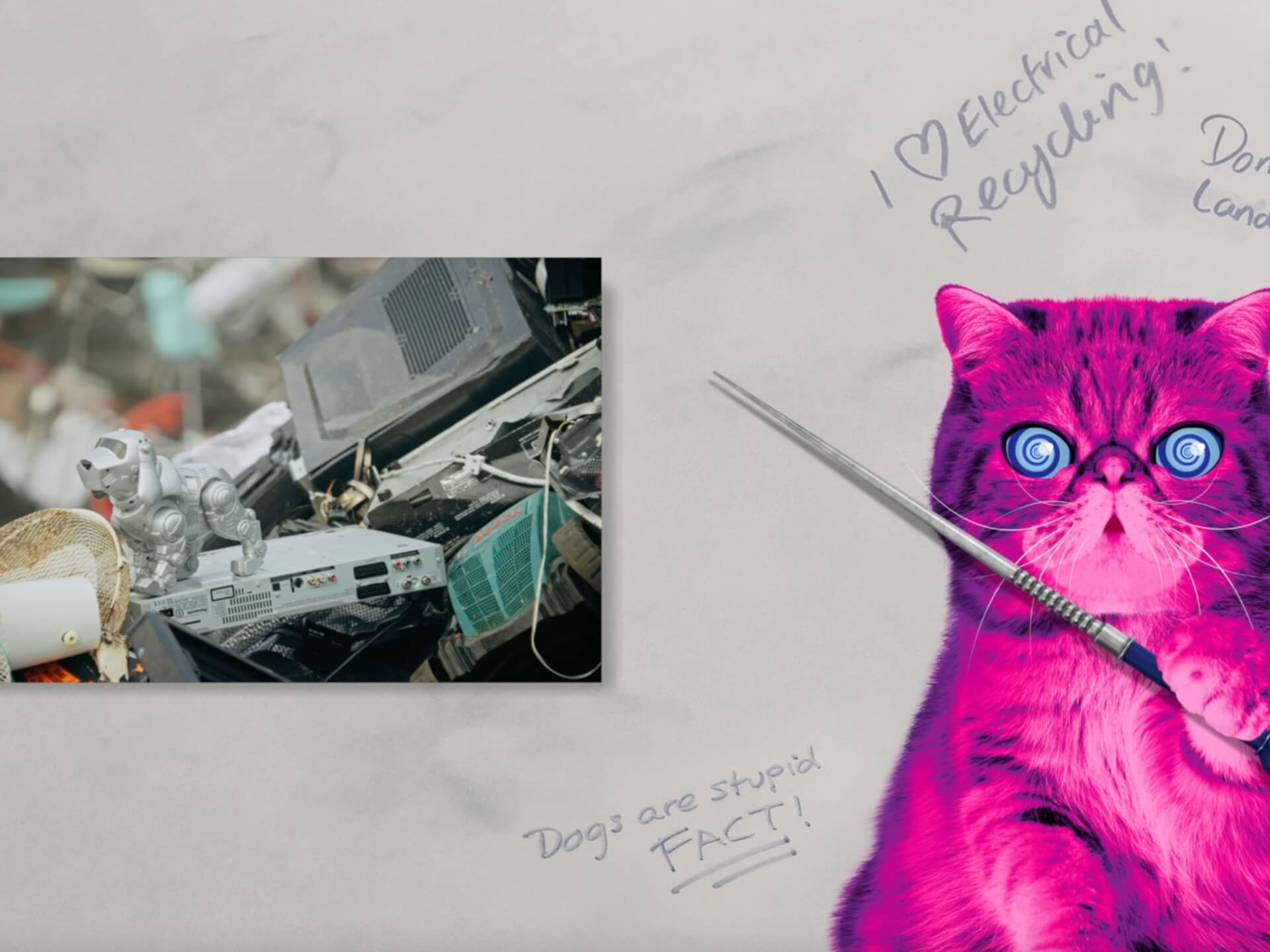 pink hypnotic cat holding speaker stick pointing to a picture of waste electricals