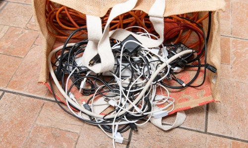 a hessian bag lying on its side on the floor withmany different types of cables spilling out of it