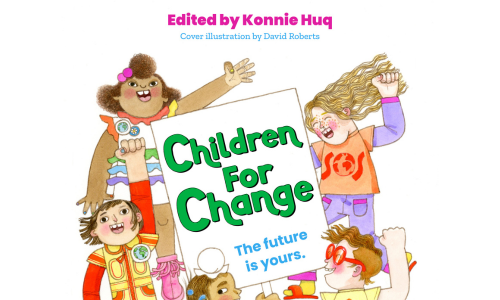 book cover for 'Children for Change', the future is yours, with cartoon children holding a sign that says 'the future is yours'