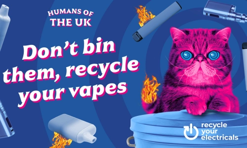 ‘HypnoCat’ (a magenta-coloured Persian cat with blue spiral eyes) leaning on a blue dustbin and electrical items floating in a blue spiral background with the words "don't bin them recycle your vapes"