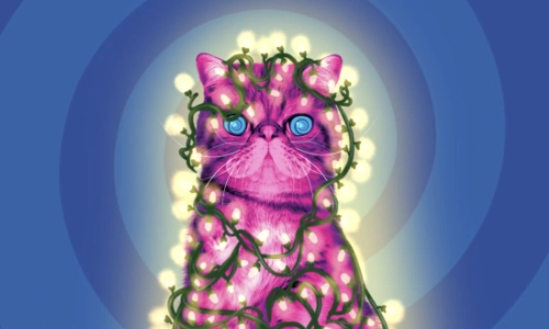a mid shot of ‘HypnoCat’ (a magenta-coloured Persian cat with blue spiral eyes) completely wrapped in christmas tree lights
