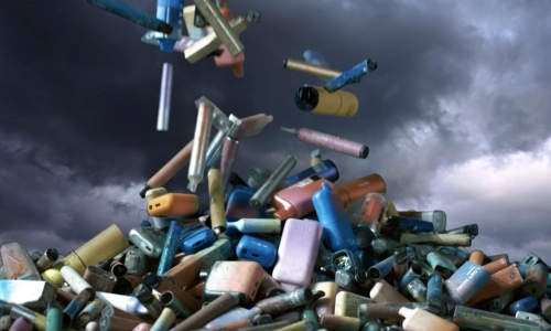 a close up of a smoking pile of single use vapes with more vapes falling on to the pile