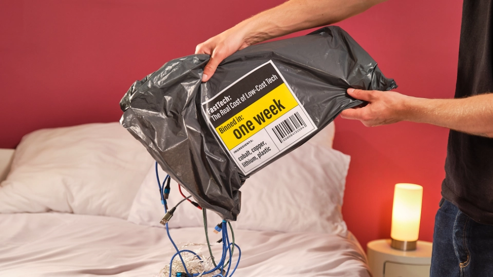 a pale skinned hand emptying a grey plastic bag with many cables in onto a bed there is writing saying "one week" on it