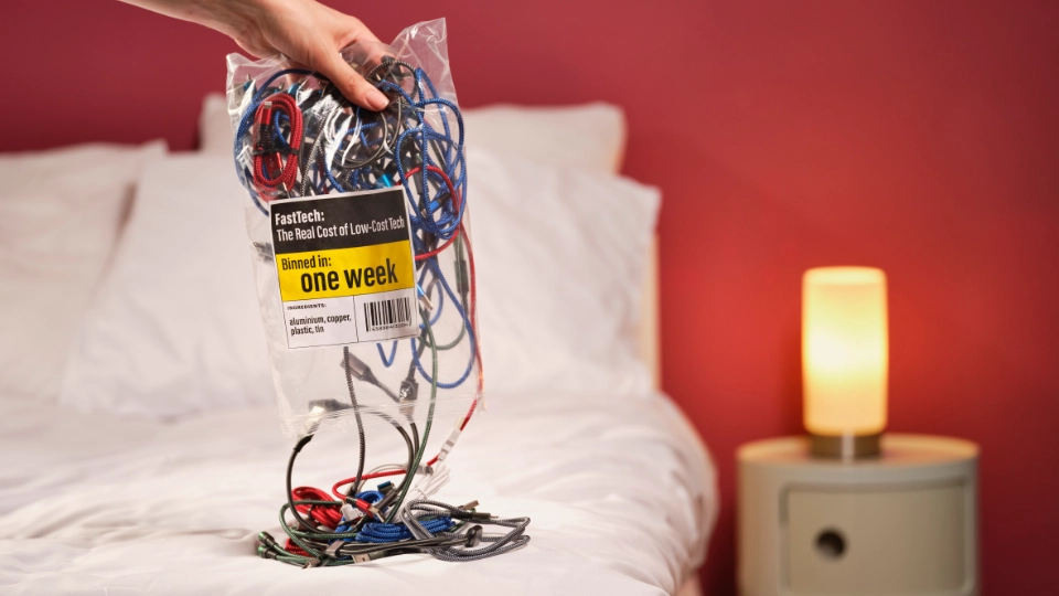 a pale skinned hand emptying a clear plastic bag with many cables in onto a bed there is writing saying "one week" on it