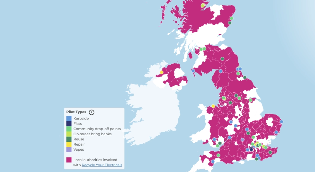 map of locations of material focus funded projects in the UK