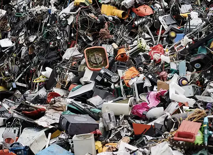 A massive, towering pile of mixed electronic waste at a recycling facility, including tangled wires, plastic casings, and various household appliance